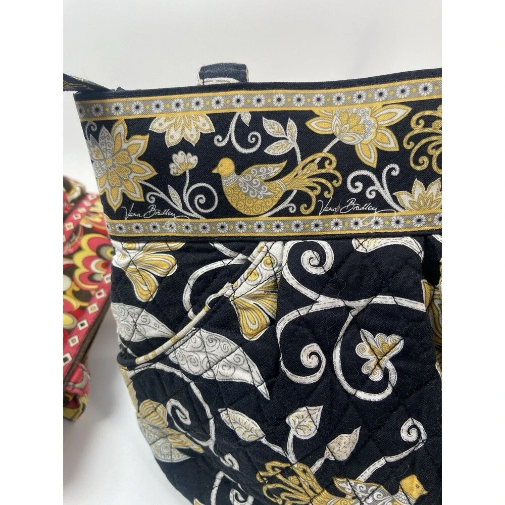 RETIRED Vera Bradley Morgan Tote Bag Mod Floral Pink Brown Yellow Birds Lot Of 2